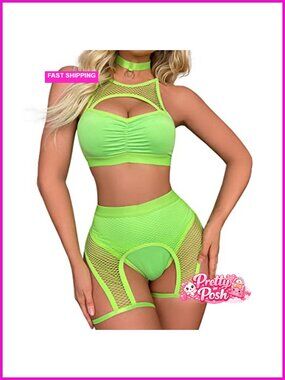 Rave Fishnet Cutout Lingerie Set with Choker 3Pcs Festival Outfit